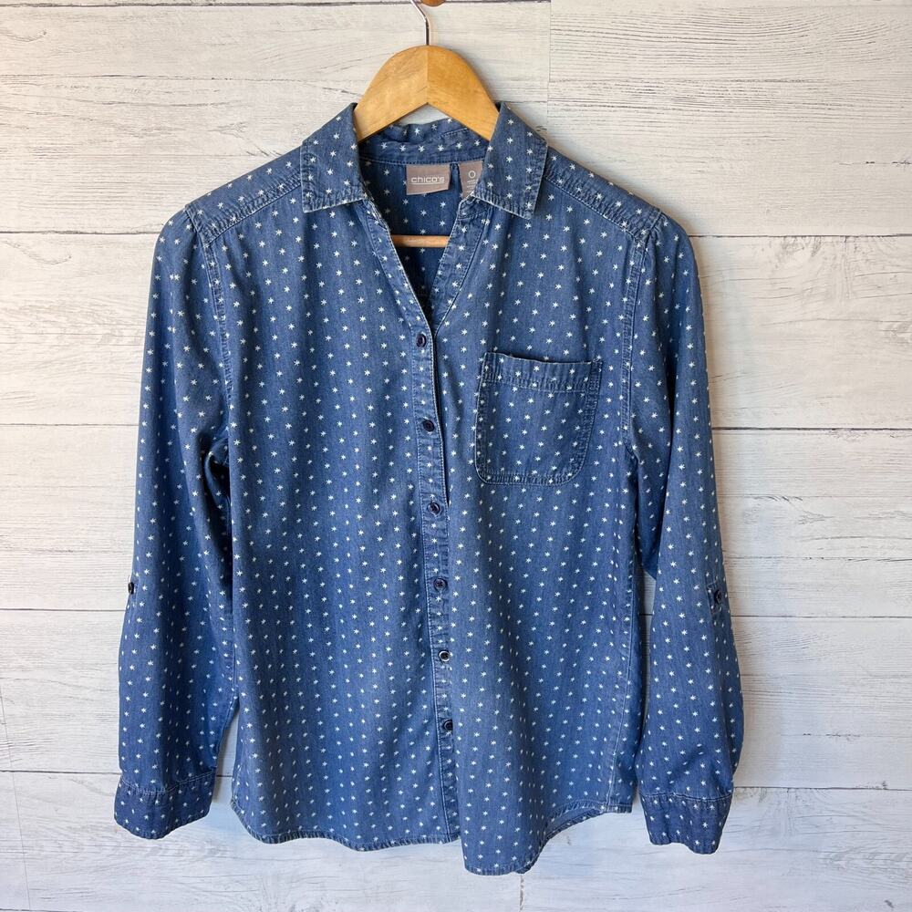 Chicos Shirt Womens Size 0/S Spacey Dot Cozmo Chambray Denim Long Sleeve Cotton - Picture 3 of 16